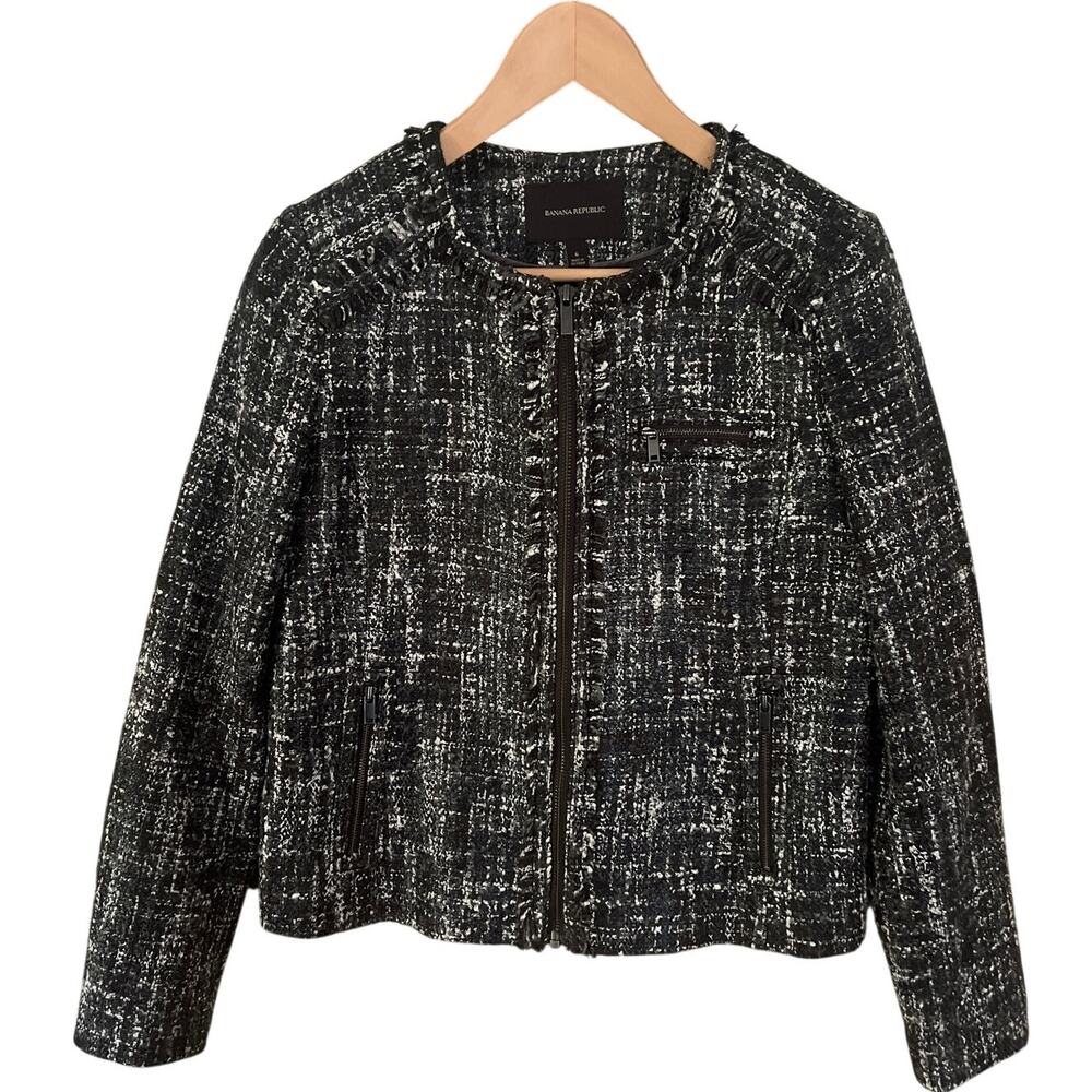 Banana Republic Tweed Zip Crop Blazer Black and Gray Sz 6